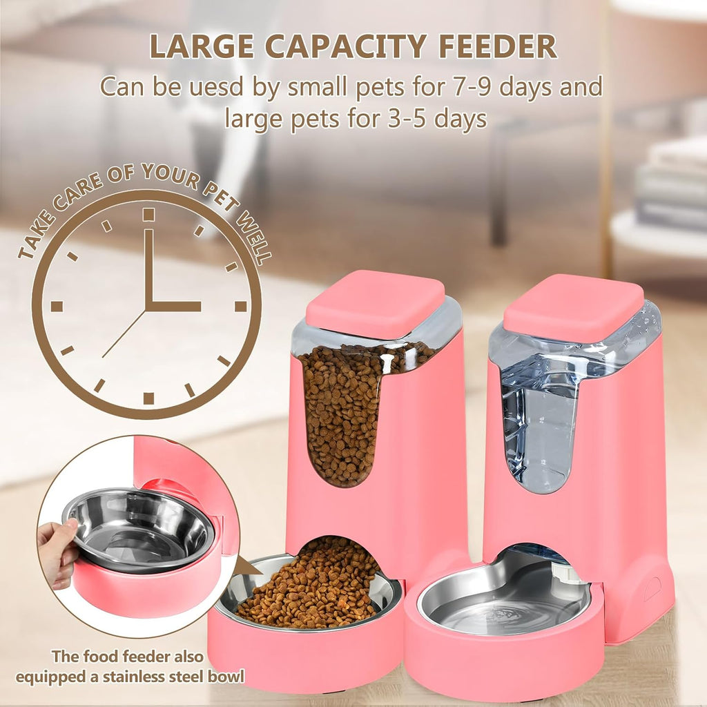 Automatic Cat Feeder and Water Dispenser with Stainless Steel Bowl Dog Gravity Food Feeder and Waterer for Small Medium Pets Puppy Kitten 1 Gallon x 2