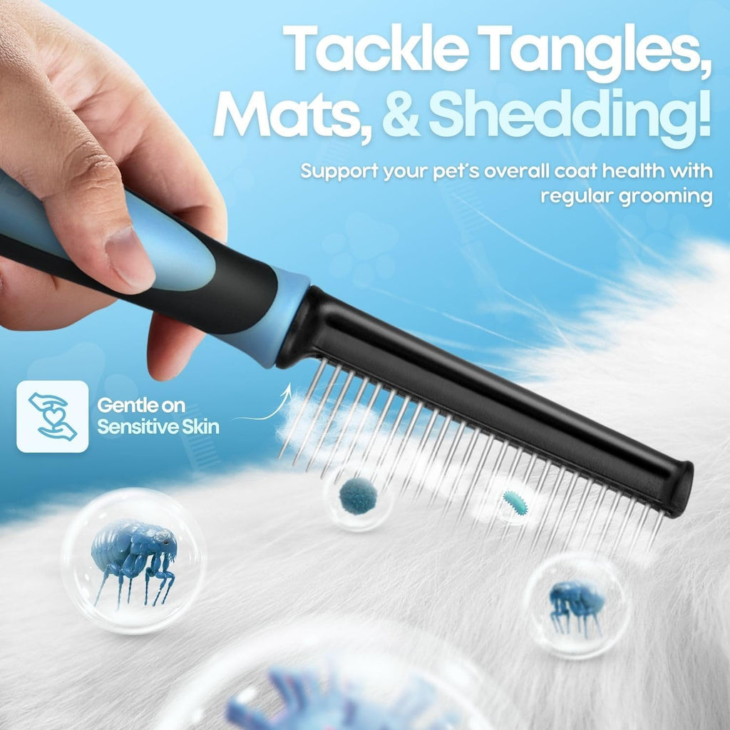 Flexzion Metal Dog Comb for Grooming and Dematting, Blue Soft-Grip Handle