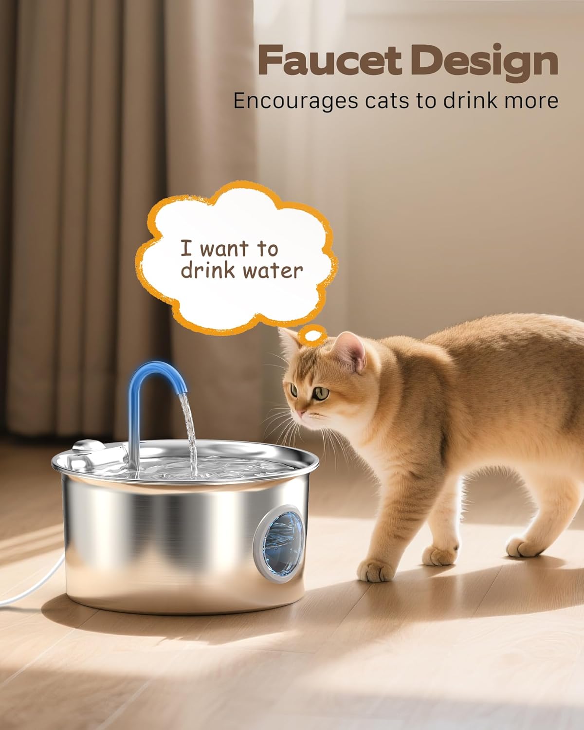 Stainless Steel Cat Water Fountain: Cat Fountain with 6 Filters + 3 Sponges