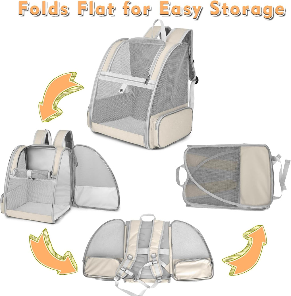 Cat Backpack Carrier, Small Dog Carrier Backpack with Fully Ventilated Mesh, Kitten Wand Feather Toy & Safety Leash, Collapsible Travel Hiking Pet Carrier for Small Dogs Cat Puppy Kitten Bunny (Beige)