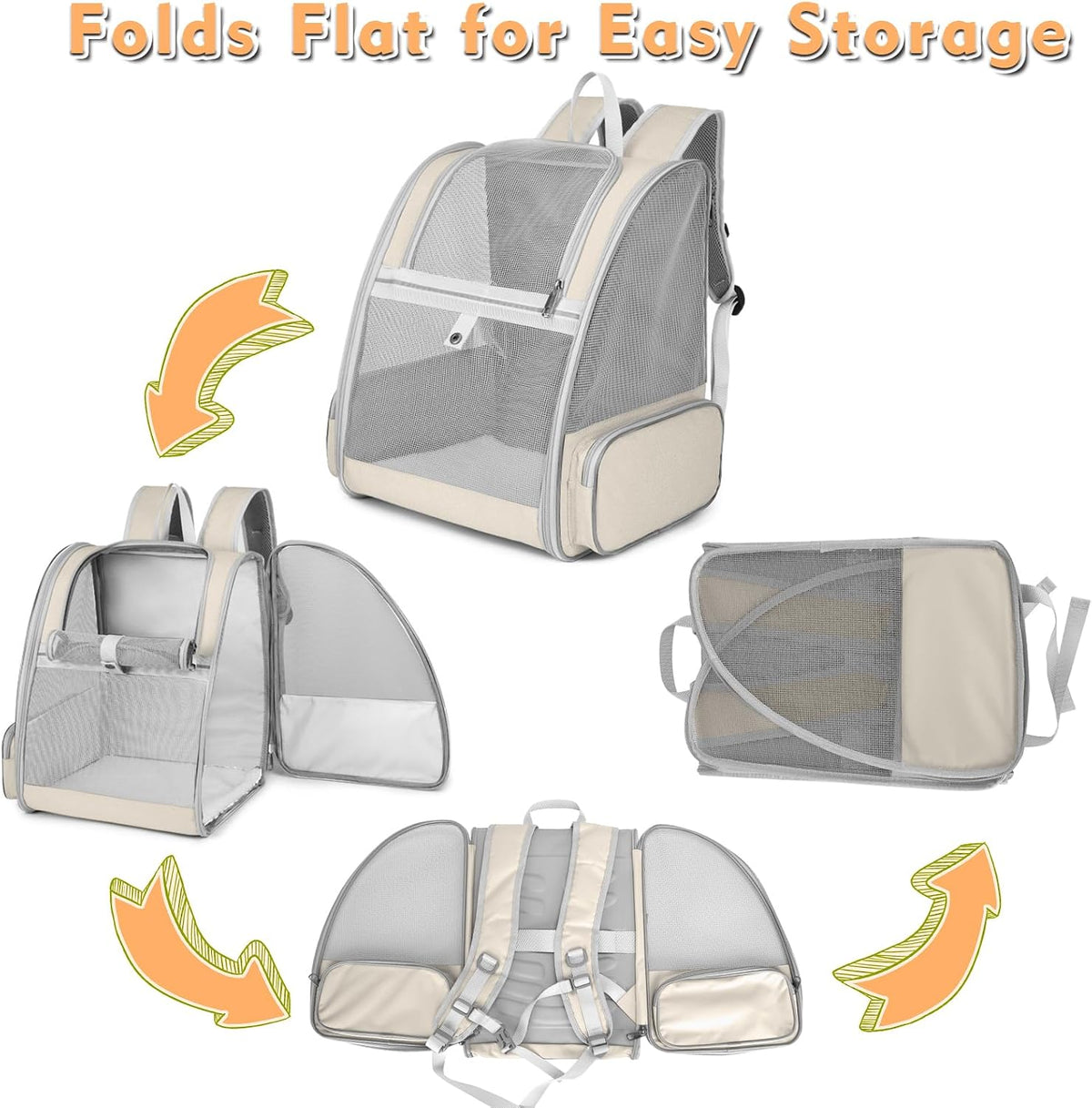 Cat Backpack Carrier, Small Dog Carrier Backpack with Fully Ventilated Mesh, Kitten Wand Feather Toy & Safety Leash, Collapsible Travel Hiking Pet Carrier for Small Dogs Cat Puppy Kitten Bunny (Beige)