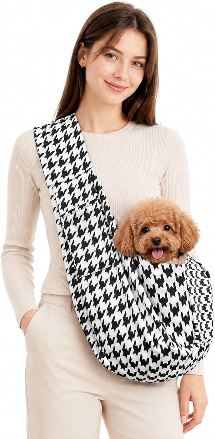 Dog Sling Carrier for Small Dogs and Cats 5–16 lbs, Puppy Carrier Sling with Safety Hook and Storage Pocket, Hands Free Pet Carrier Purse for Travel, Walking, Shopping (Houndstooth)