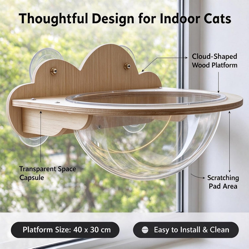 Cat Window Perch, Cloud Wooden Space Capsule Hammock, 2 Installation Ways Suction Cup & Wall Mount Cat Wall Shelf, Large Rest Bed for Indoor Pets Sunbathing & Viewing