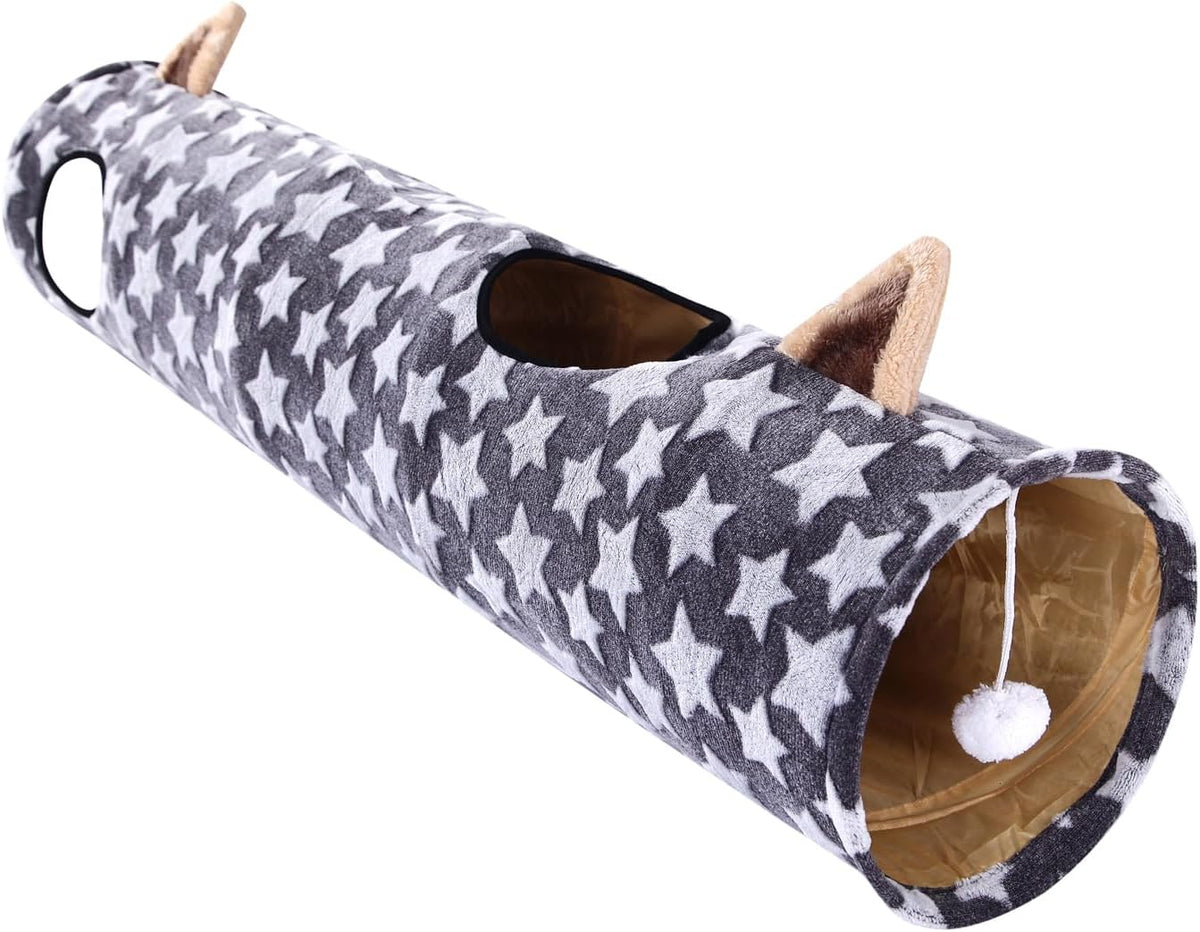 Cat Tunnel -Straight-Shaped, Gray Star Pattern, Soft Velvet Exterior, Oxford Fabric Fog-Proof Interior, Plush Toy Ball, Easily Washable, Conveniently Foldable, 47.2in/120cm