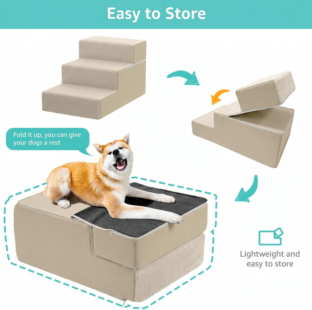 YENING Large Dog Stairs for High Beds - Extra Wide Pet Steps for Large Dogs to Get on Tall Bed 3 Deep Step Cat Ramp for Couch Beige