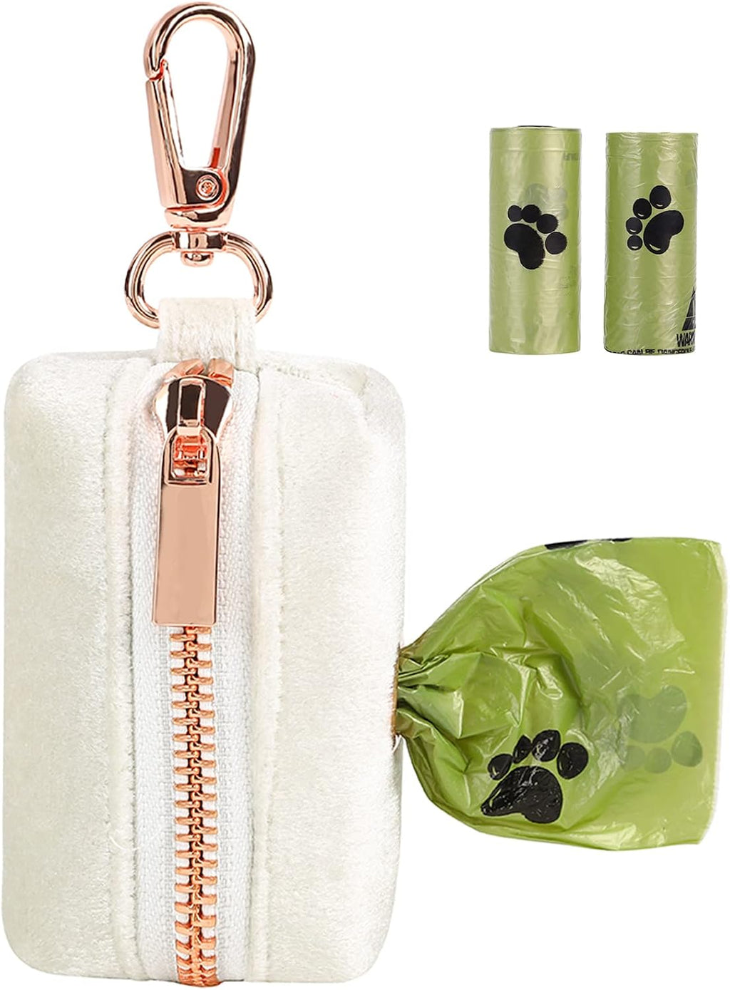 ARING PET Velvet Dog Waste Bag Holder, White Doggy Poop Bags Dispenser Attach to Any Leashes, Portable Washable Pet Waste Pouch Dispenser with Metal Zipper