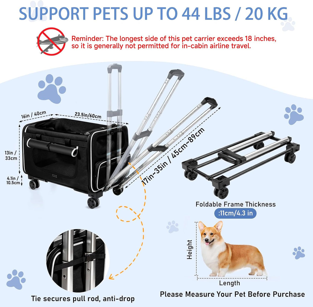 Large Pet Carrier with Detachable Wheels, 2 IN1 Foldable Soft-Sided Carriers- Designed for Dogs & Cats, Telescopic Handle, for Outdoor Car Indoor, Max. 44 LBS(Not for Airline)