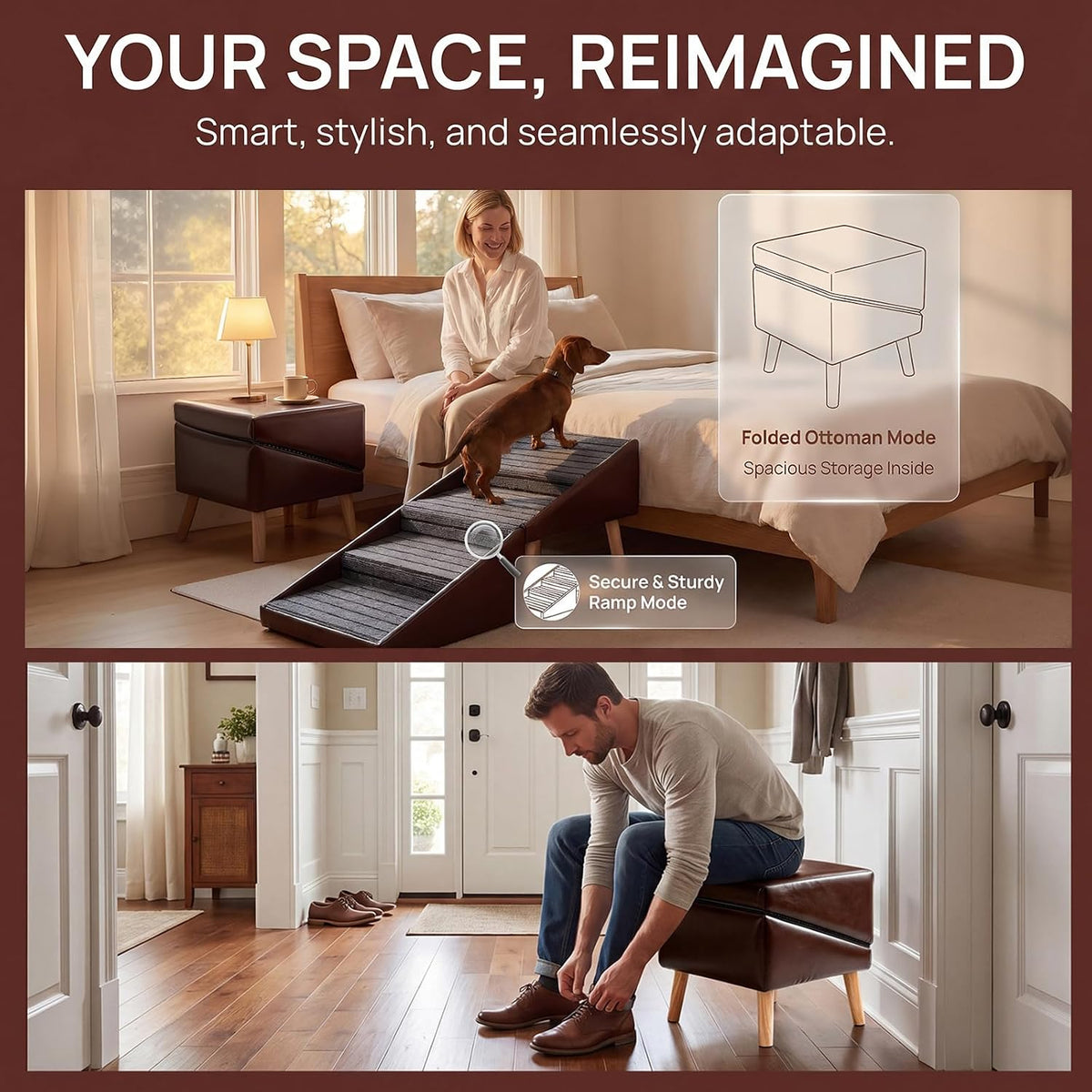 Luxury Dog Stairs for Small Dogs, Non-Slip Dog Ramp for Bed & Couch, Foldable 2-in-1 Pet Ramp & Ottoman with Solid Wood Frame, Pet Stairs & Steps for Puppy (Brown)