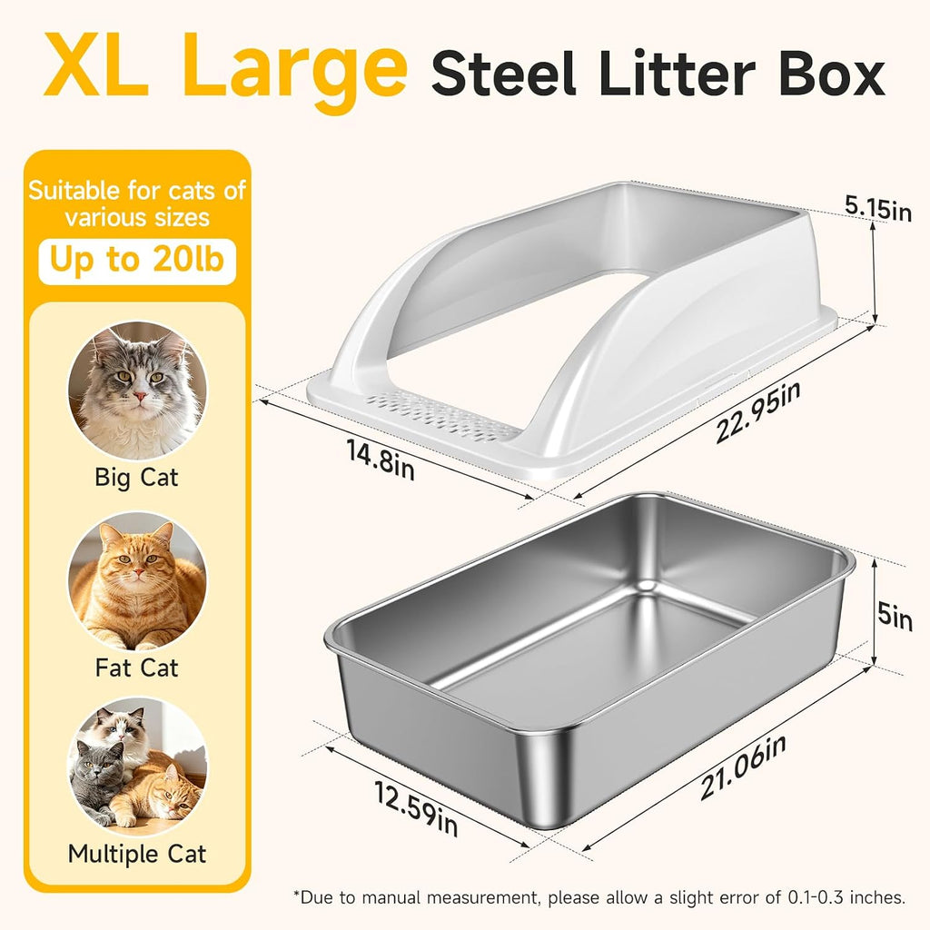 XL Open Top Stainless Steel Litter Box with High Sides,Light Gray | Extra Large Metal Cat Litter Pan , XL Litter Box, Non-Stick Easy Clean Anti-Leak Kitty Litter Pan, Odor Control, Open Top
