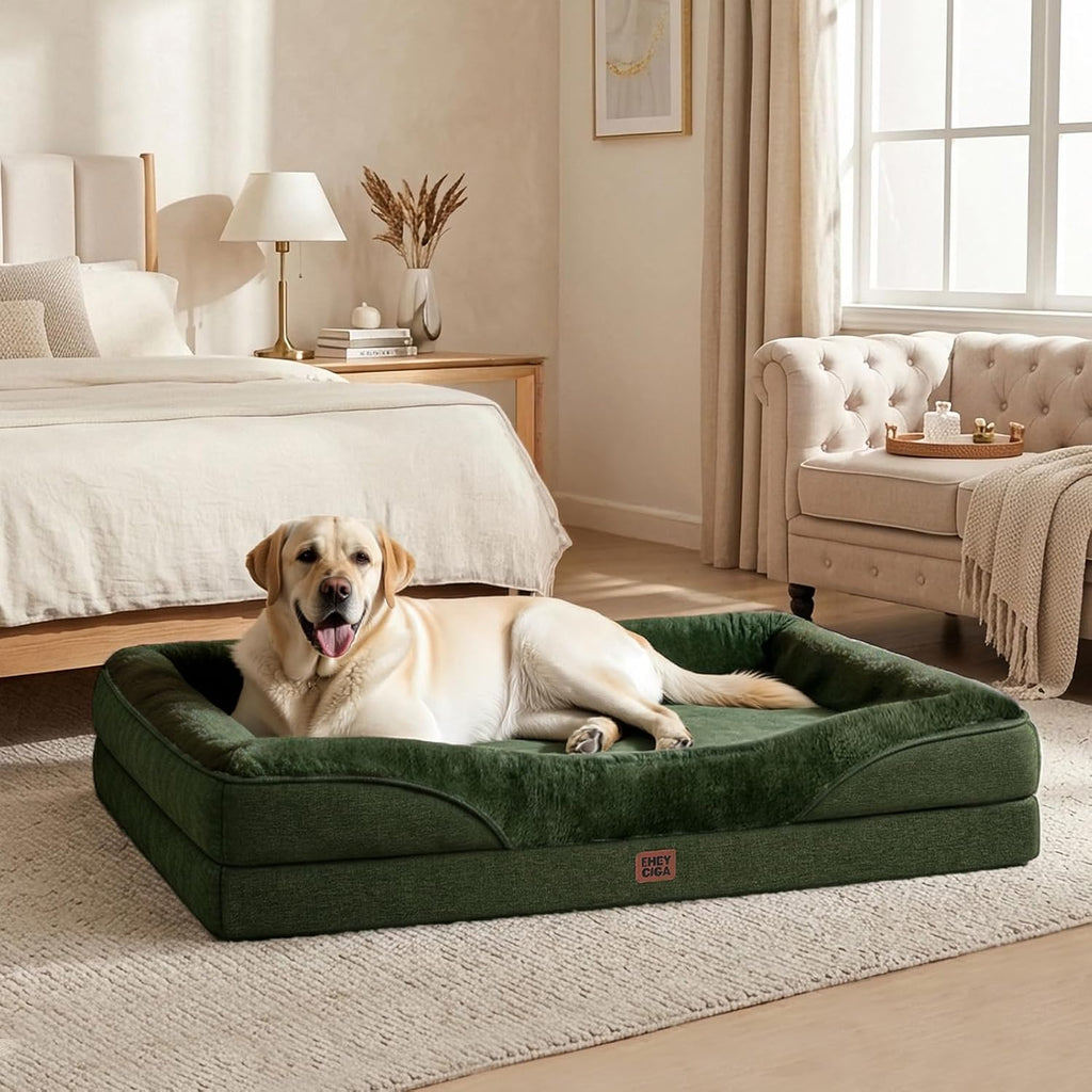 EHEYCIGA Orthopedic Dog Bed for Large Sized Dog, 45x35 Inch Large Memory Foam Dog Couch Bed with Sides, Waterproof Liner & Washable Removable Cover, Bolster Pet Sofa, Dark Green