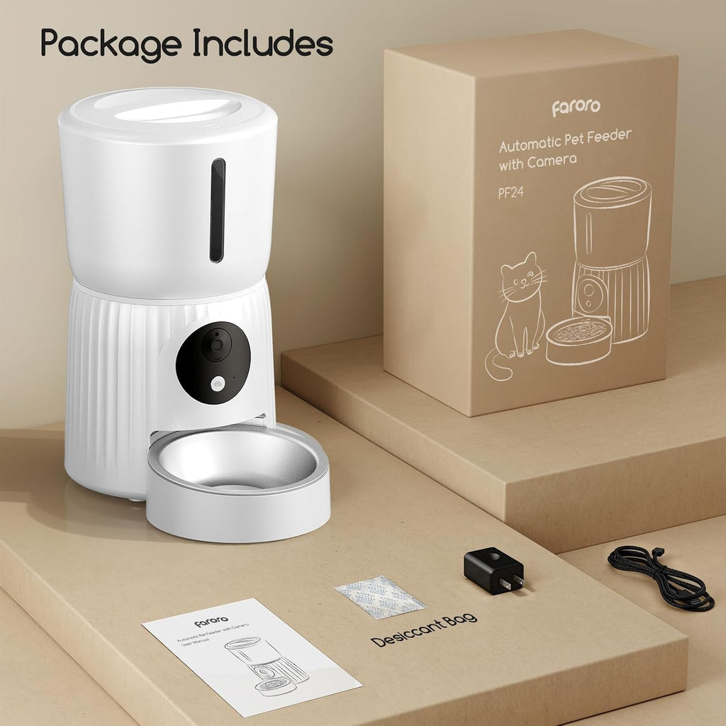 Faroro Automatic Cat Feeder with Camera, 1080P HD Video with Night Vision, 5G WiFi Automatic Dog Feeder with APP Control, 2-Way Audio, Blockage Sensor for Cats or Small Dogs, 4L (White)
