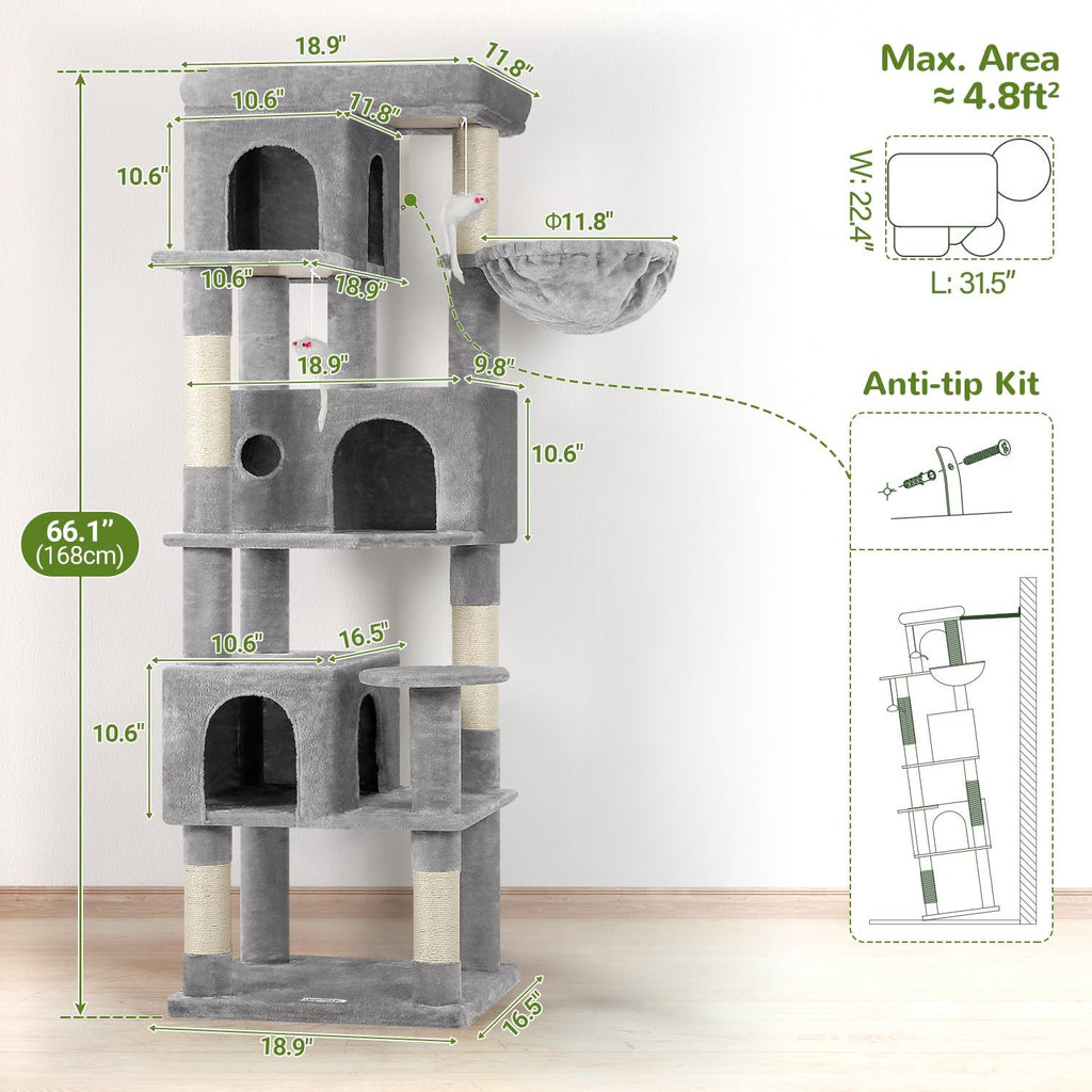 Globlazer F66 Corner Cat Tree, 66in Multi-Level Climbing Tower, Light Grey