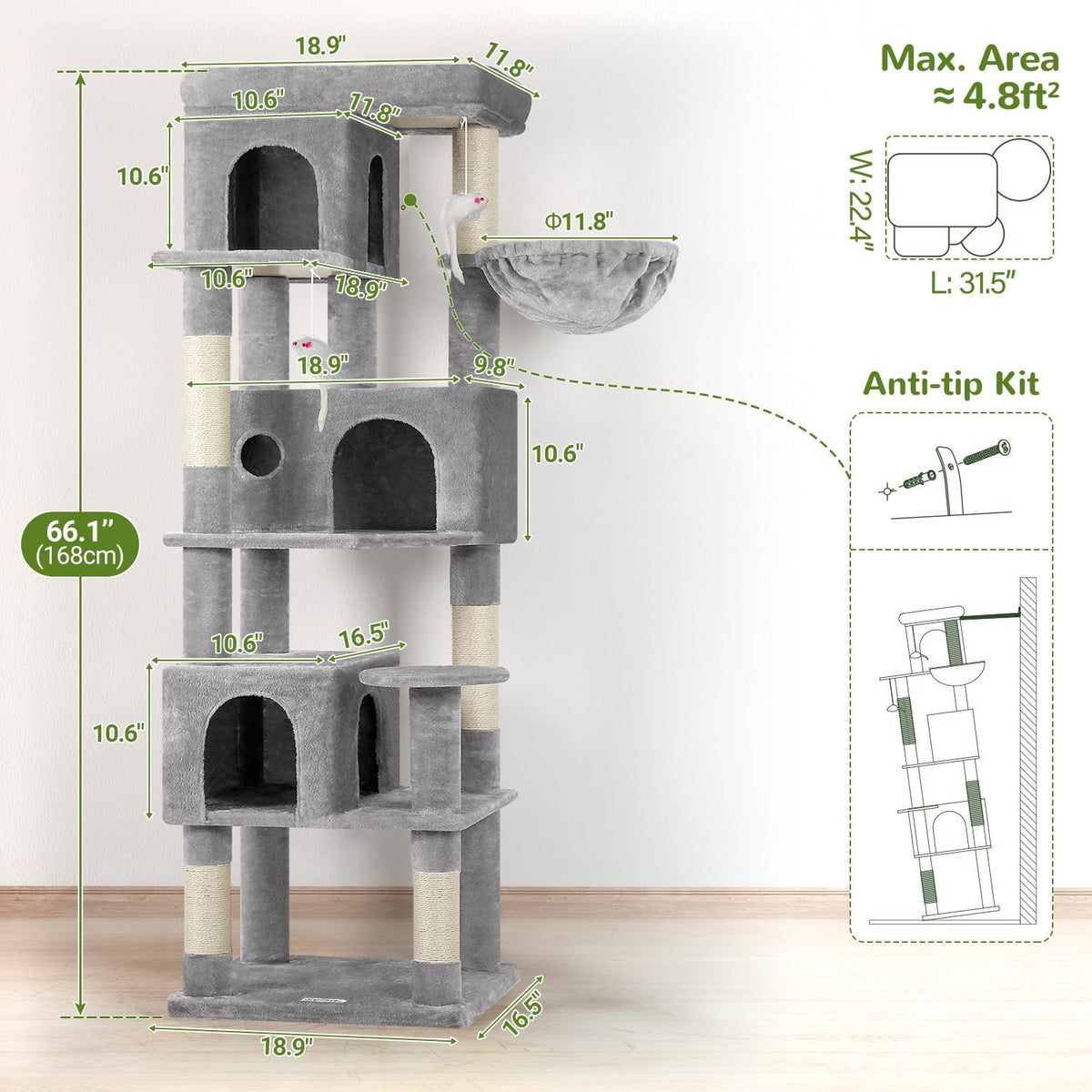 Globlazer F66 Corner Cat Tree, 66in Multi-Level Climbing Tower, Light Grey