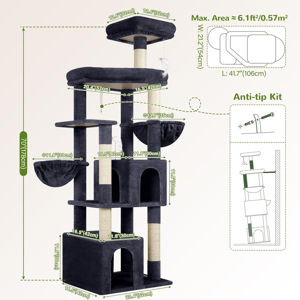 Globlazer Sturdy Cat Tree for Indoor Cats 20 lbs, S68, Dark Grey