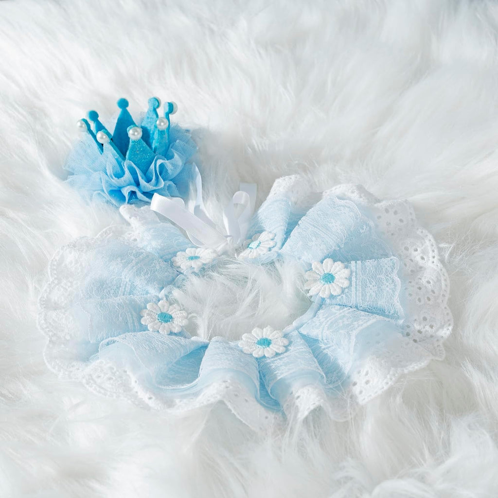 Cat Princess Costumes Cat Crown Hat & Lace Bandana Scarf Set, Puppy Party Hat for Small Dogs & Cats, Lace Outfit for Cats and Small Dogs Birthday Party (Blue)