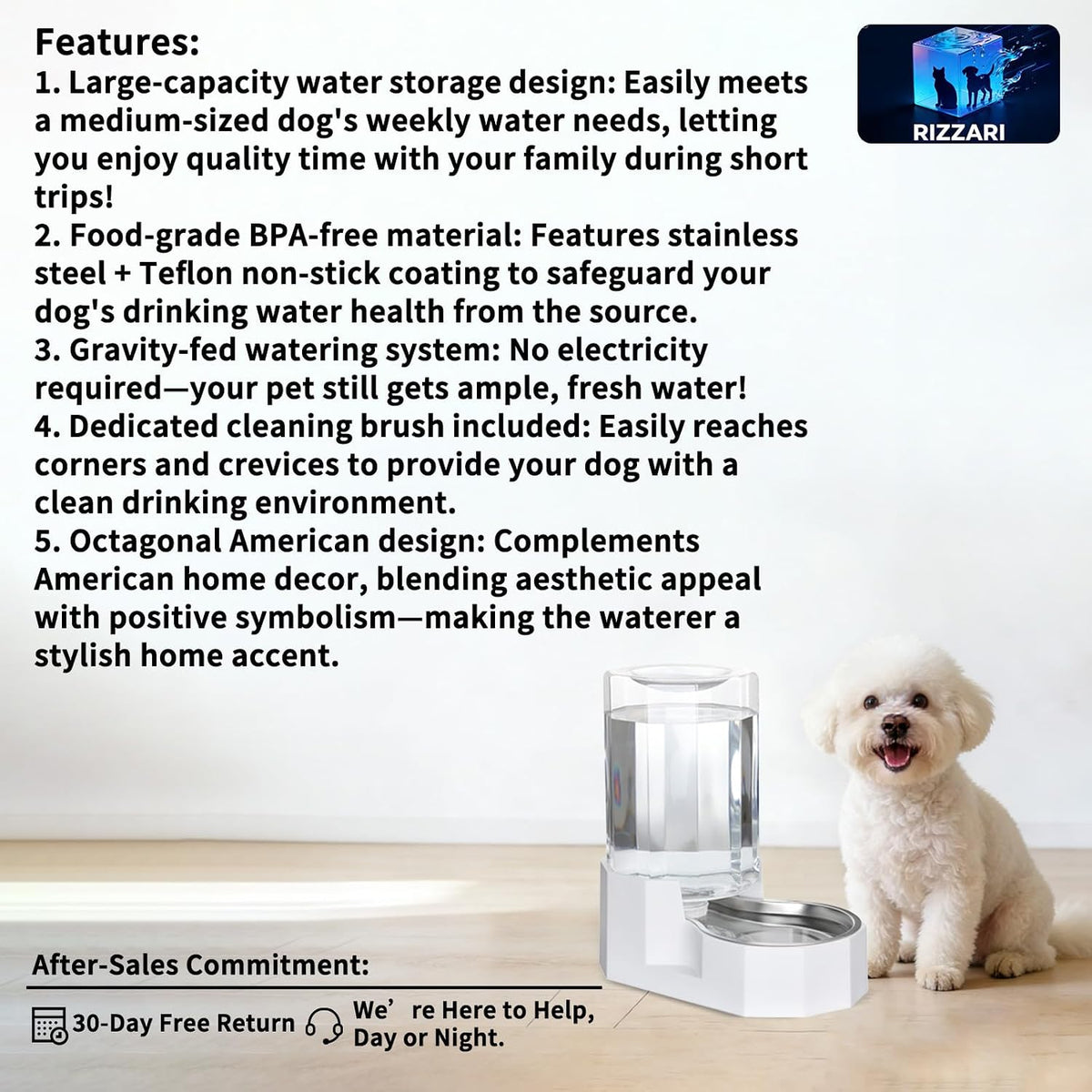 Sfozstra Dog Water Bowl Dispenser: 7L White Gravity Stainless Steel Bowl