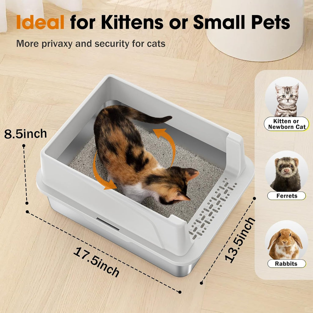 2PACK Stainless Steel Litter Box, Extra Large Litter Boxes for Big Cats, XL Metal Cat Litter Box with Lid High Sides, Anti-Urine Leakage, Non-Sticky, Scoop Included