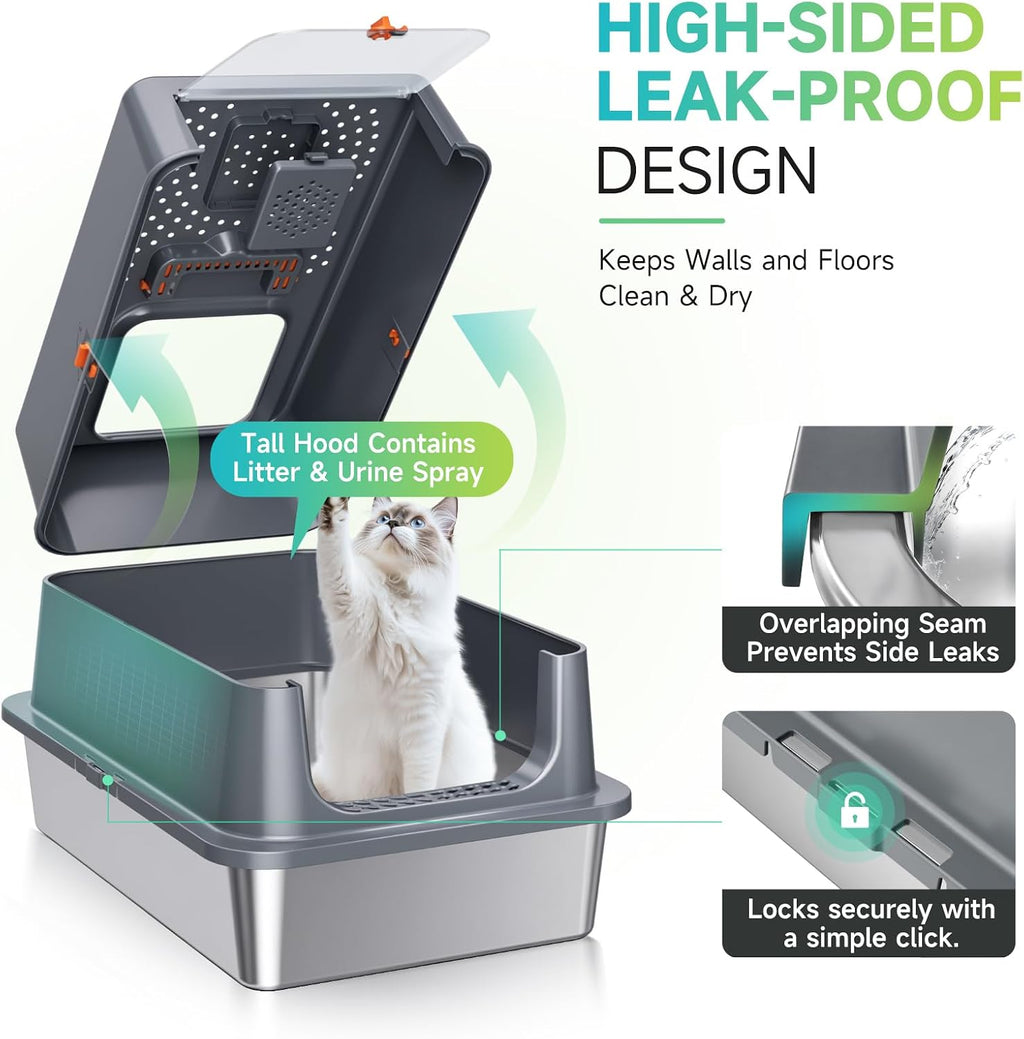 High-Sided Stainless Steel XL Cat Litter Box for Cats