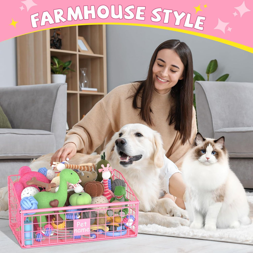 Kaiferty Indestructible Dog Toy basket, Medium Toy Box for Dogs,Pet Toy Bin Dog Metal Basket for Toys, Toy Storage Organizer, Living Room Area (Pink)
