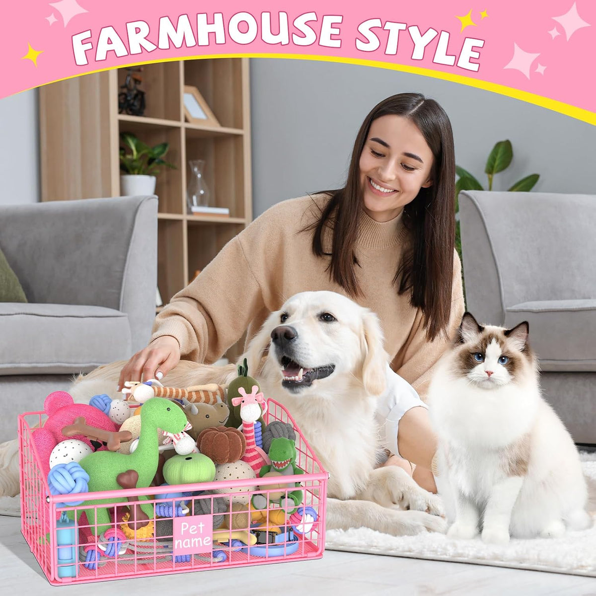 Kaiferty Indestructible Dog Toy basket, Medium Toy Box for Dogs,Pet Toy Bin Dog Metal Basket for Toys, Toy Storage Organizer, Living Room Area (Pink)