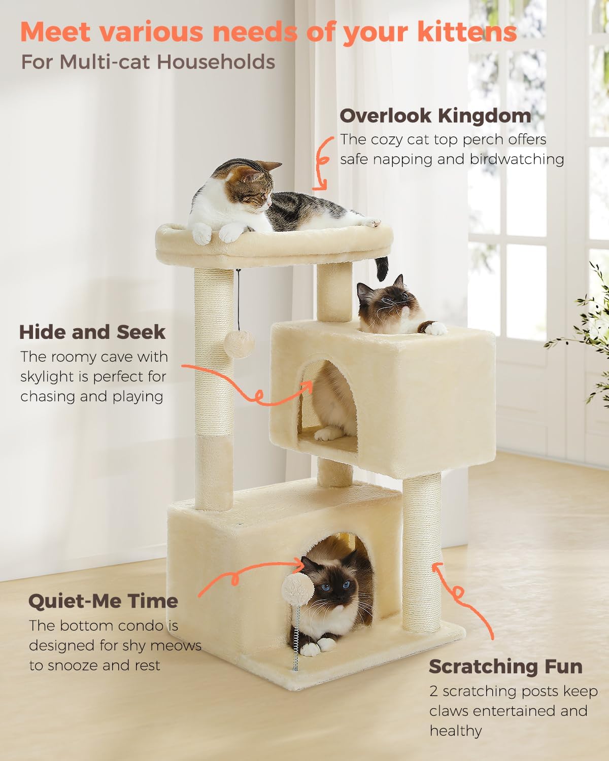 Small Cat Tree for Kittens, 32 in Cat Tower with 2 Cozy Condos