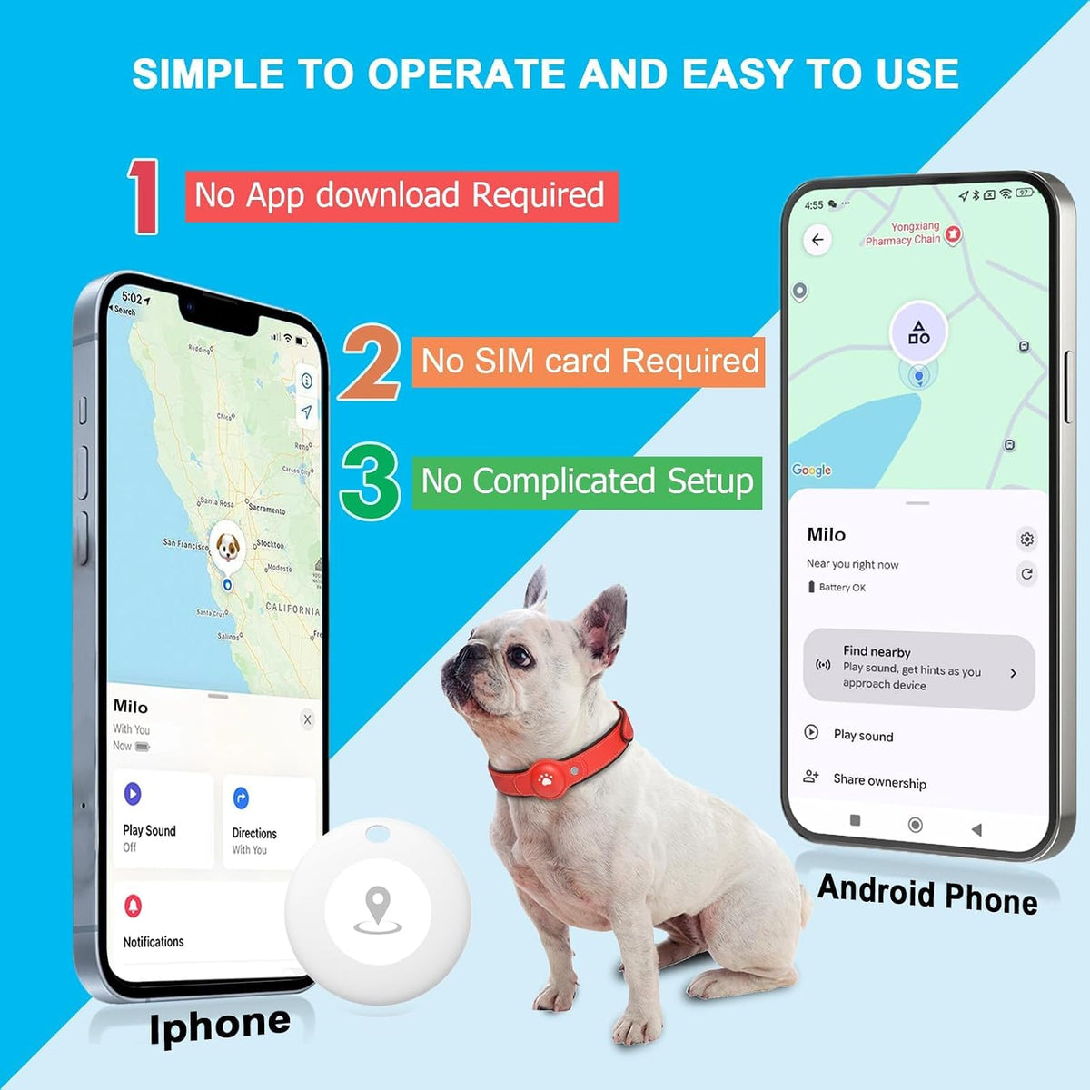 GPS Tracker for Dogs, Dog GPS Tracker, Pet Location Tracker with Collar, Real-Time Tracking, No Monthly Fee or Subscription, Waterproof, 365-Day Long Battery Life, Dog Tracking Device, iOS & Android