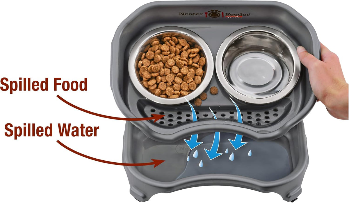 Neater Feeder Express Mess Proof Dog Bowls Elevated for Small Breed – Made in USA – No Spill Raised Slow Feeder Elevated Dog Bowl Stand, Stainless Steel Food and Water Bowl Set, Grey
