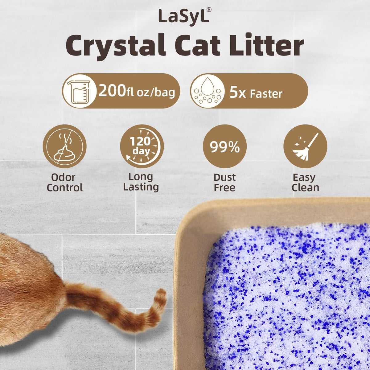 LaSyL Crystal Cat Litter for Multi-Cat Households - Silica Gel, 30-Day Odor Control, 99.9% Dust-Free Non-Clumping Low Tracking Lightweight Unscented Formula 17.2 lb (4 Bags x 4.3lb)