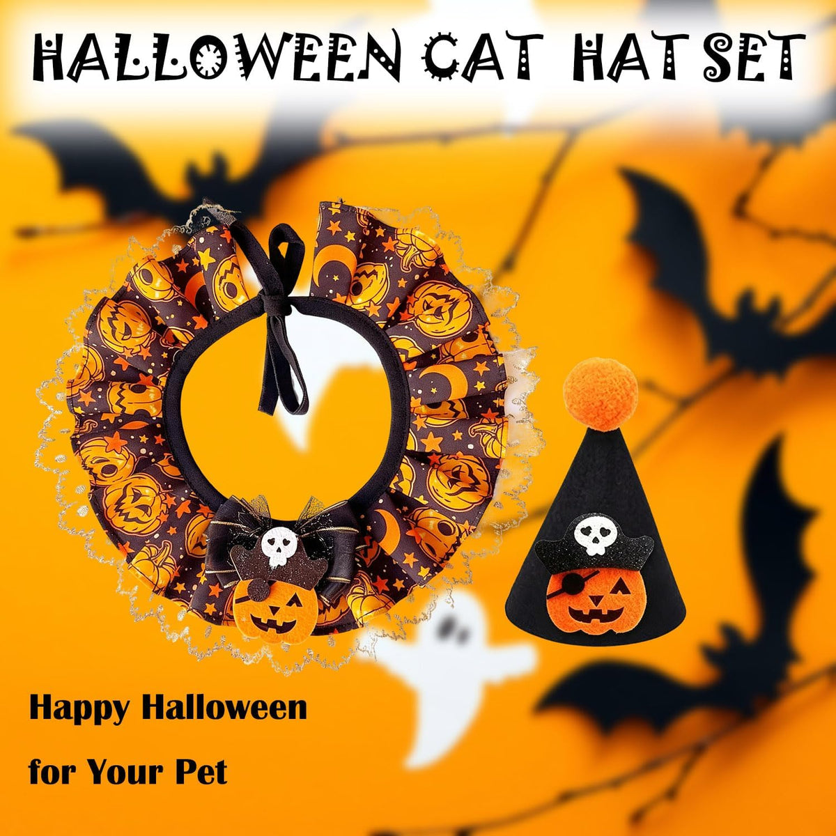 Cat Halloween Pumpkin Costume Set, Funny Halloween Outfit for Cats & Puppy