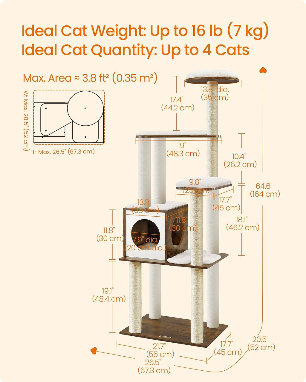 Feandrea Cat Tree, 64.6-Inch Multi-Level Tower with 5 Scratching Posts