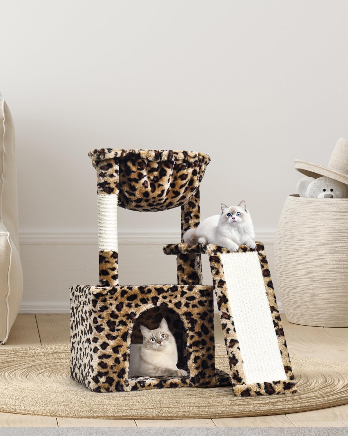 SYANDLVY Leopard Print Cat Tree for Indoor Cats, Small Cat Tower with Scratching Post & Board, Modern Activity House Condo with Cradle, Hanging Ball for Play, Kittens Cave