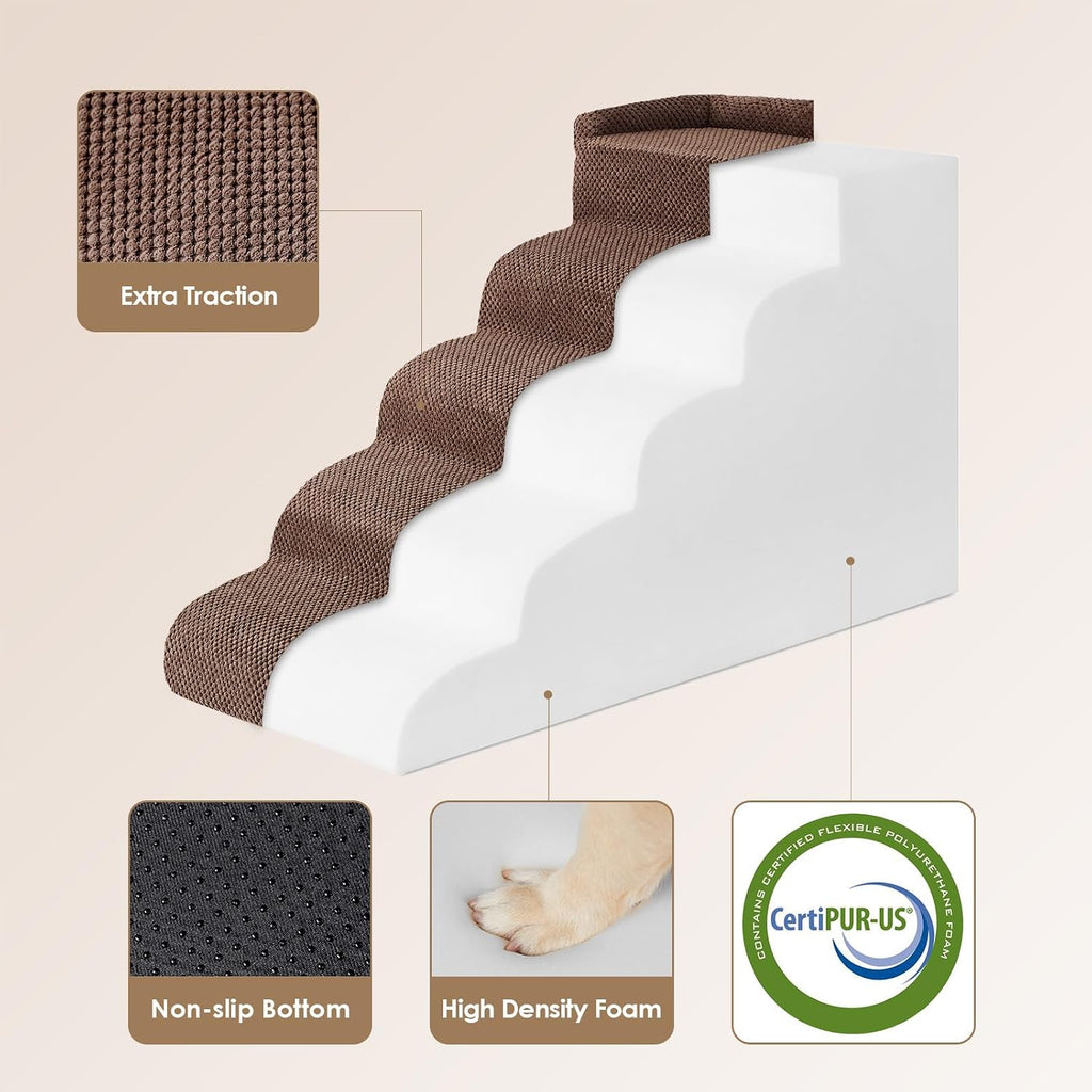 EHEYCIGA 5-Step Curved Dog Stairs for High Beds 20.7" H, Brown