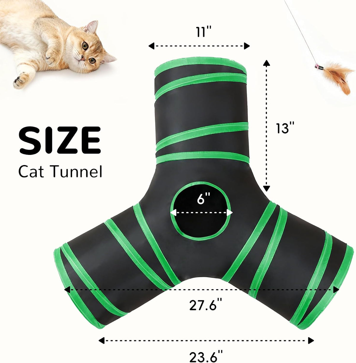 Tempcore Cat Tunnel, 3-Way Collapsible Toy for Indoor Cats, Black & Green | 3-Way Cat Tunnel with Peek Holes, Hanging Ball and Teaser Wand, Collapsible Design for Play, Hiding, Chasing and Exercise
