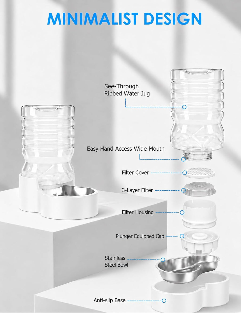 Heouvo 1.3 Gal Gravity Cat Water Dispenser, Wide-Mouth, 3 Filters, White
