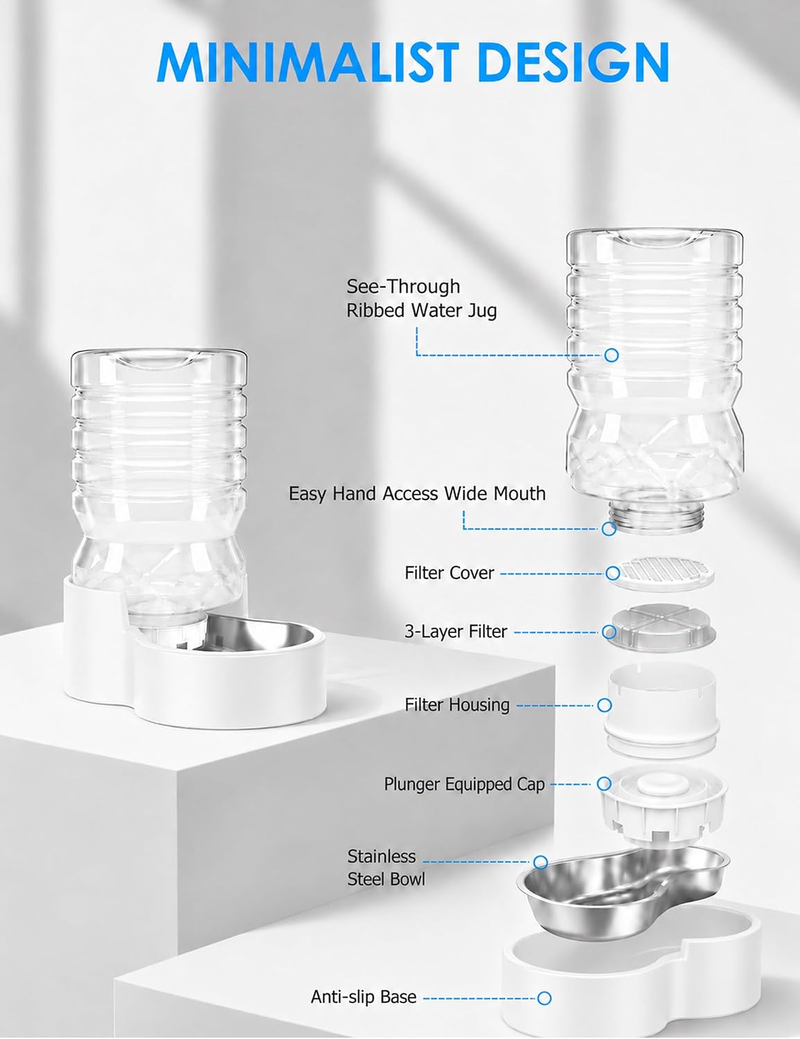 Heouvo 1.3 Gal Gravity Cat Water Dispenser, Wide-Mouth, 3 Filters, White