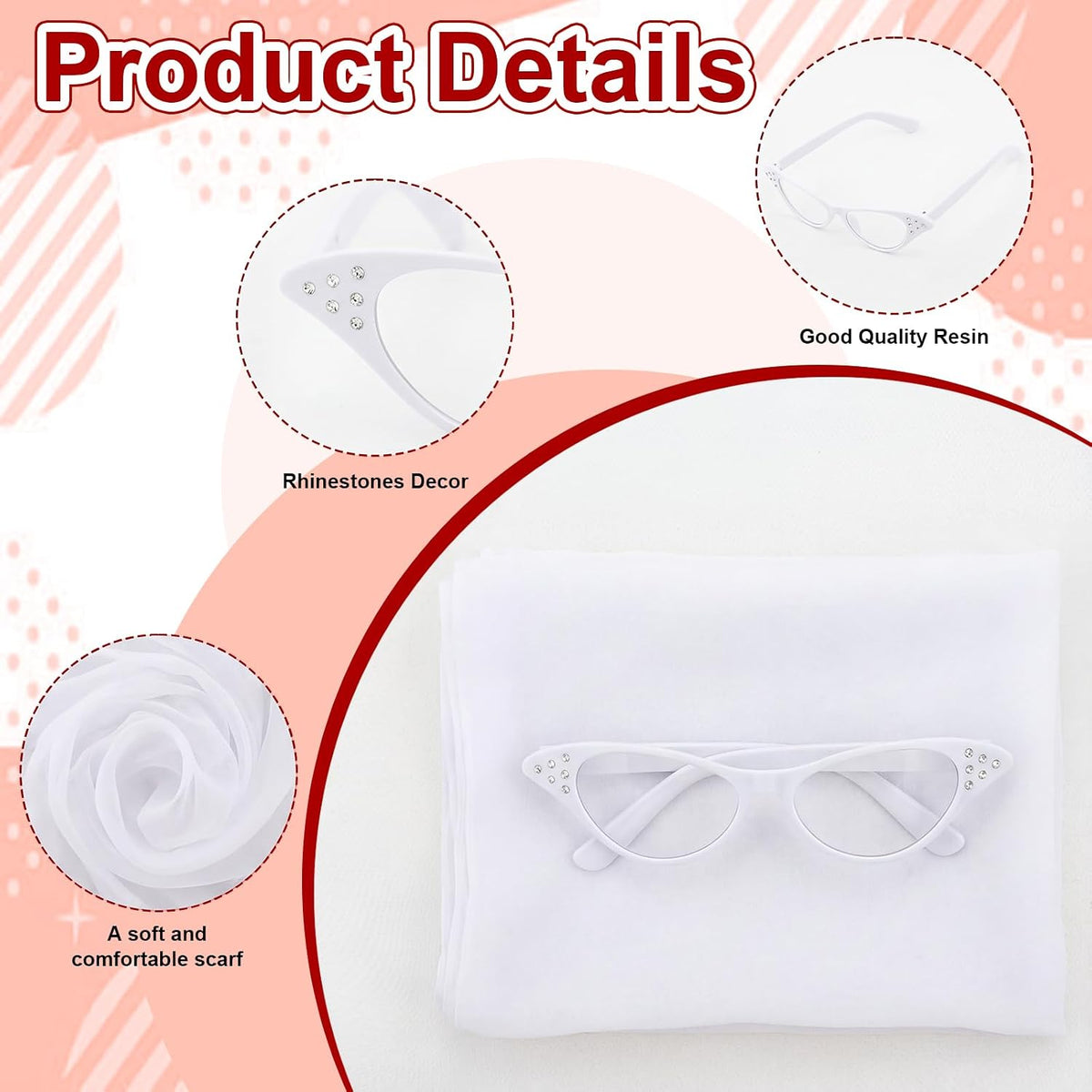50s Set 50's Costume Accessories Chiffon Scarf Cat Eye Glasses Bandana Tie Headband Earrings for Cosplay Party