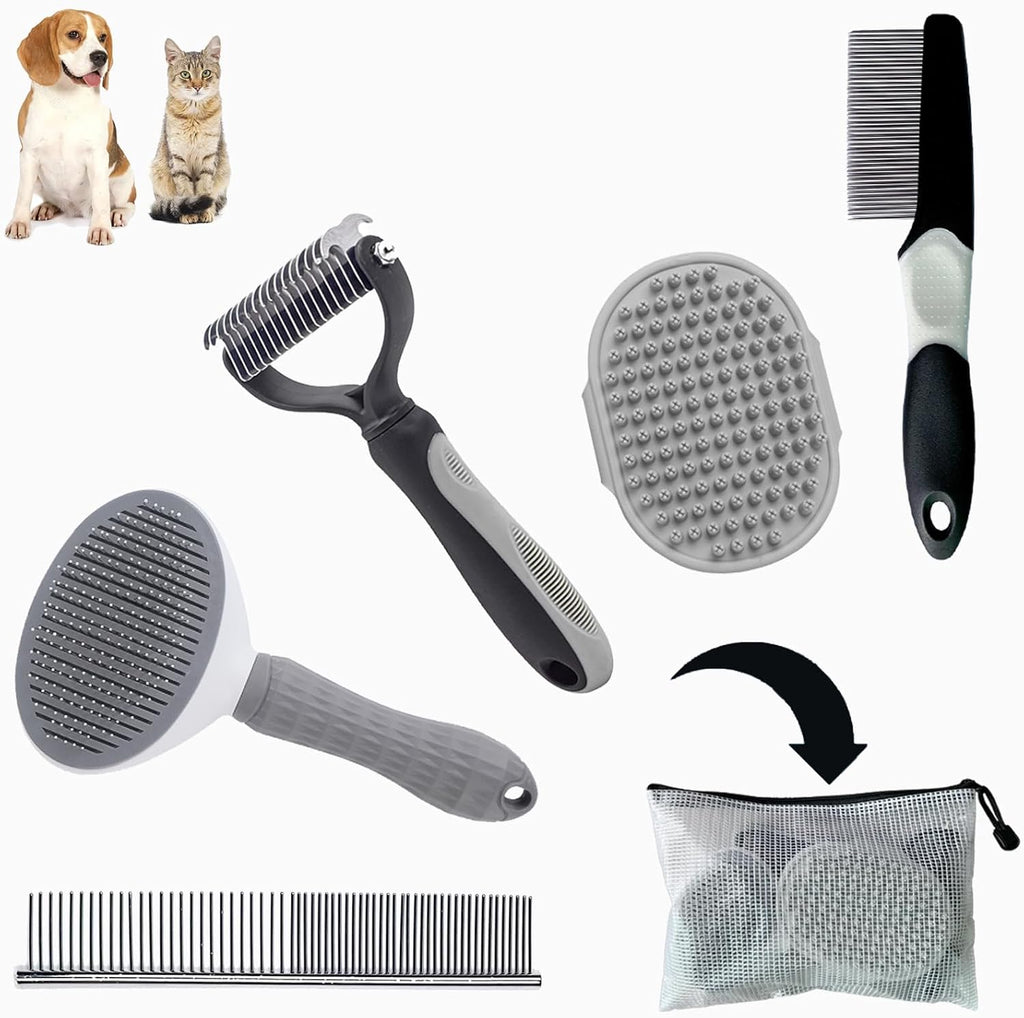 5PCS Grooming Kit for Dog,Puppy- Deshedding & Slicker Brush for Short-Haired Pets, Flea Comb and Grooming Comb Set Grey