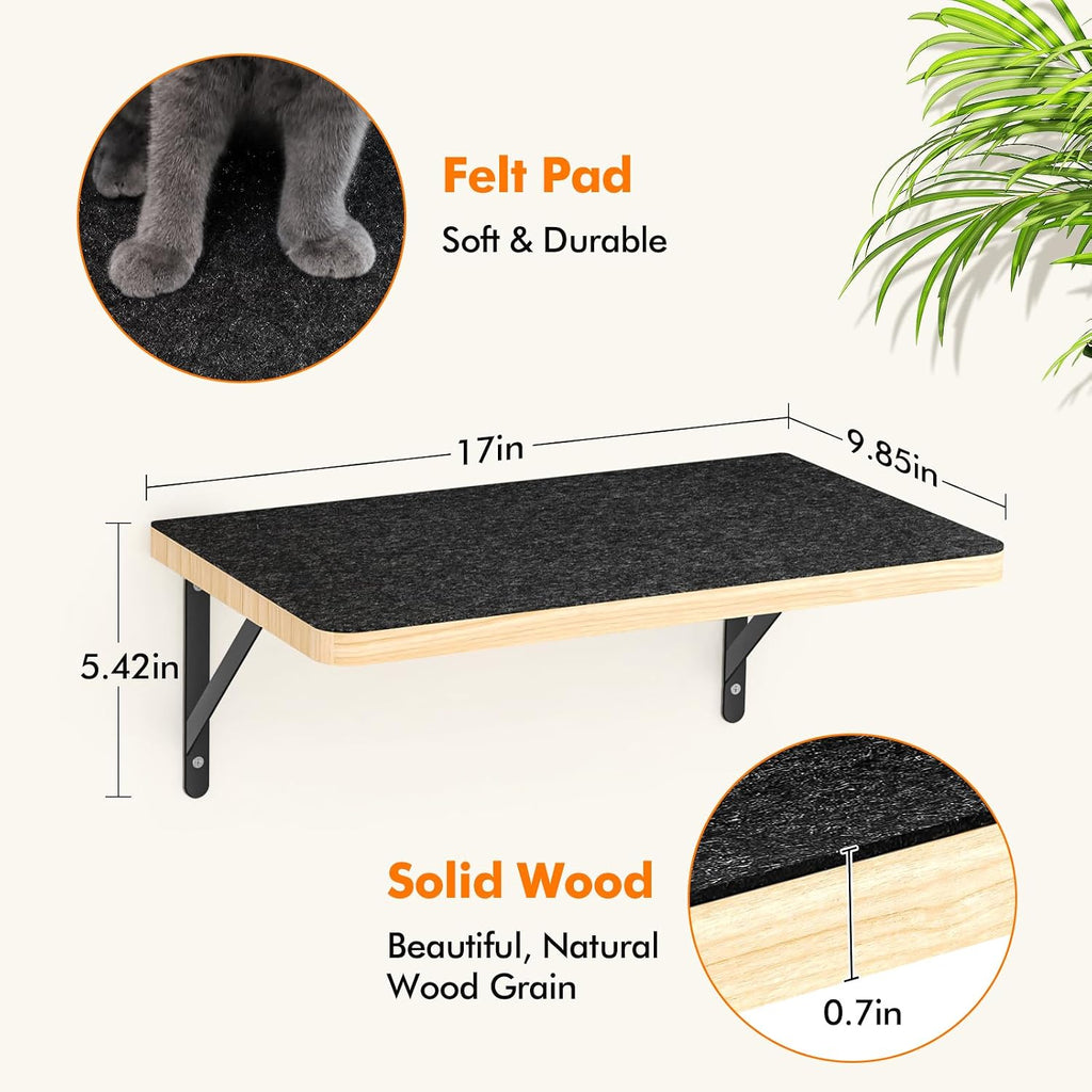 2PCS Cat Wall Shelves with 17 x 9.85 Inch Soft Felt Cushion, Solid Wood Cat Wall Furniture with Solid Wood, Wall Mounted Cats Shelves for Sleeping and Climbing, Cats Climb Perch Wall