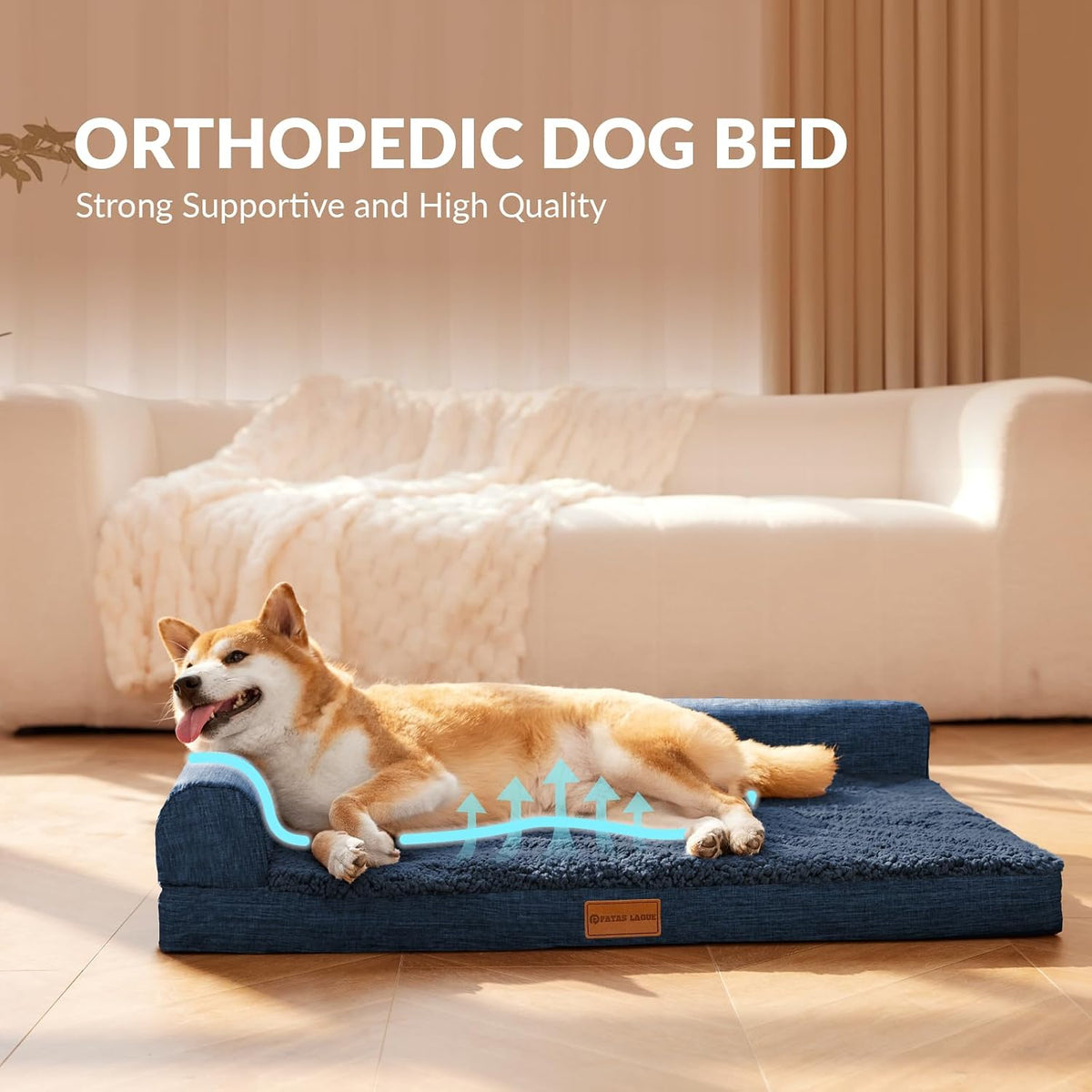 Patas Lague Orthopedic Large Dog Bed Washable Pet Sofa Bed 48X30 Navy Blue
