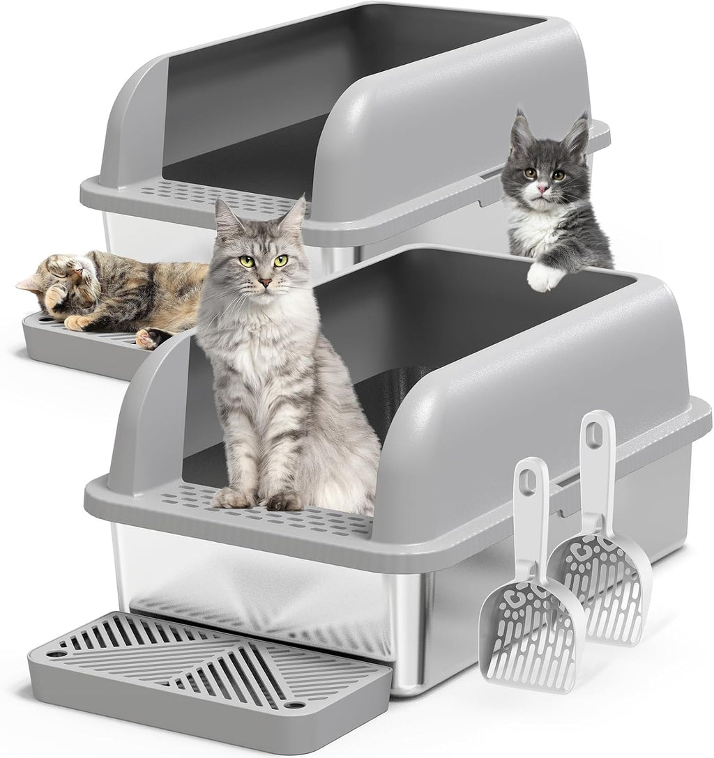 Suzzipaws 2 Pack XL Enclosed Stainless Steel Cat Litter Box for Multi-Cats | High-Side Anti-Leakage Stainless Steel Litter Box, Non-Sticky, Easy-Clean, Less Tracking for Big Cats & Multi-Cat Homes