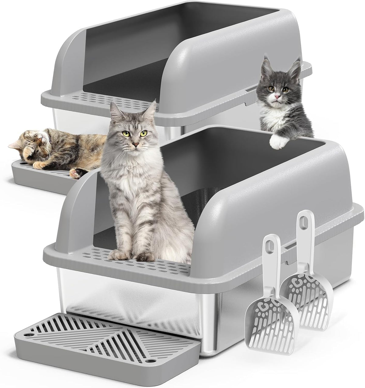 Suzzipaws 2 Pack XL Enclosed Stainless Steel Cat Litter Box for Multi-Cats | High-Side Anti-Leakage Stainless Steel Litter Box, Non-Sticky, Easy-Clean, Less Tracking for Big Cats & Multi-Cat Homes