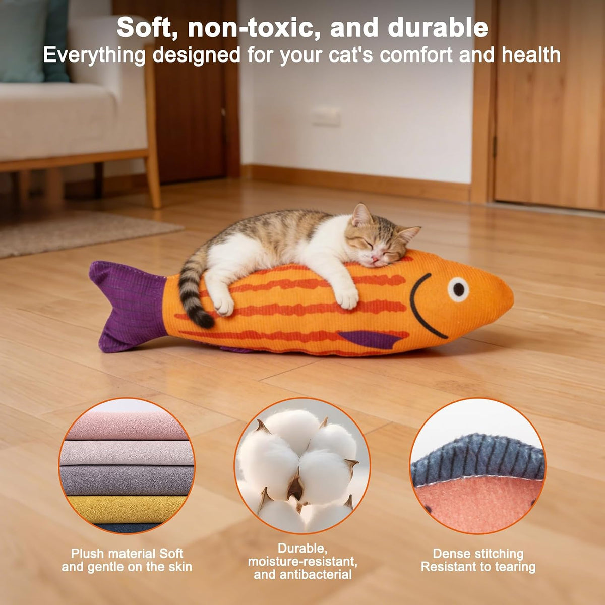 Catnip Fish Toys for Cats - 3 Pack 7.48 Inch Interactive Cat Toys with Crinkle & Bell Sounds, 4500mg Premium Natural Catnip, Durable Linen Kicker Toys for Indoor Cats & Kittens