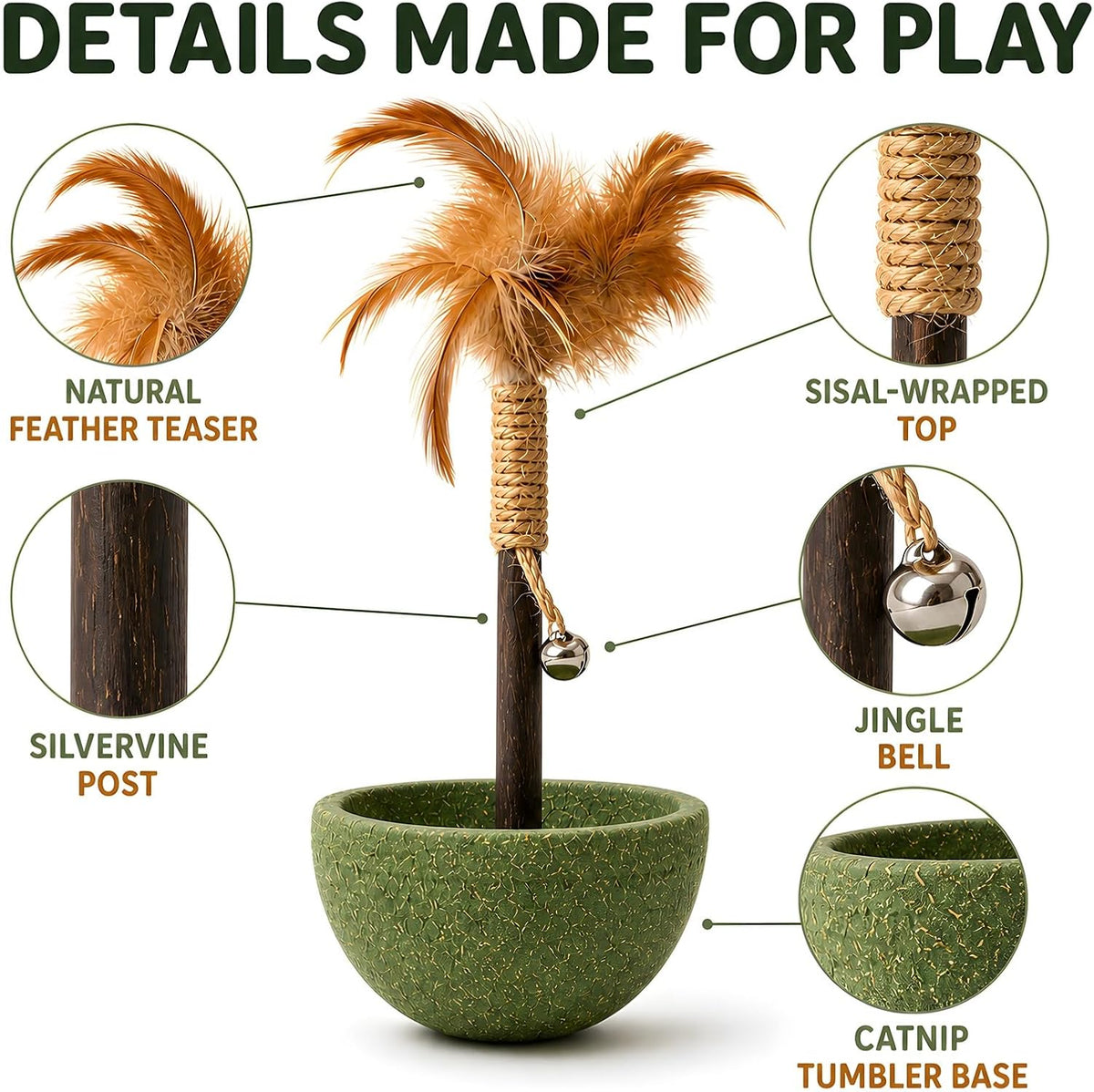 2-Piece Feather Tumbler Cat Toy with Catnip & Bell with Silvervine Stick