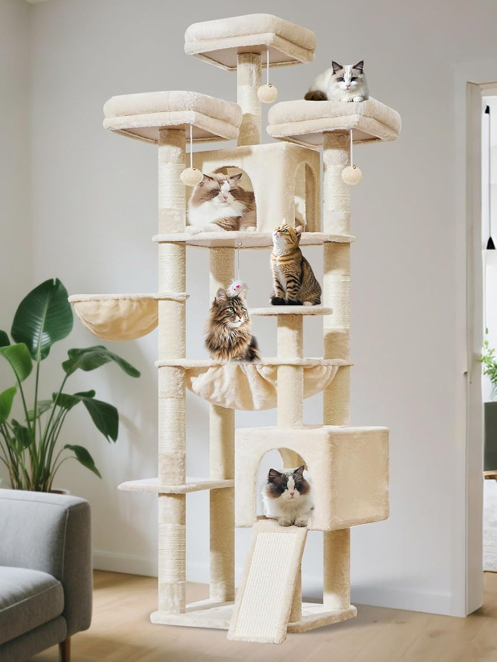 Taoqimiao Tall Cat Tree, 76In XL Cat Tower for Large Cats, 3 Padded Perches