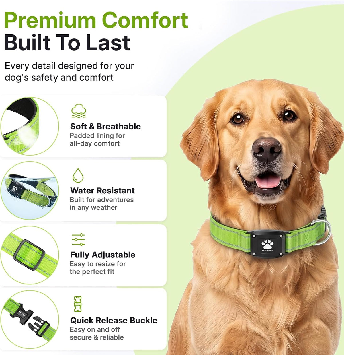 GPS Dog Collar with Tracker, Waterproof, No Monthly Fee, Green, M