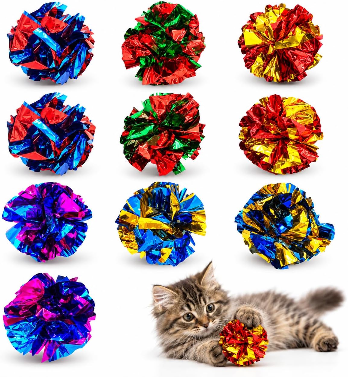 Cat Crinkle Ball Toys, 10 Pack 2.3 Inch Colorful Crinkle Balls for Indoor Cats and Kittens, Interactive Cat Toys for Swatting, Chasing, Pouncing and Hunting
