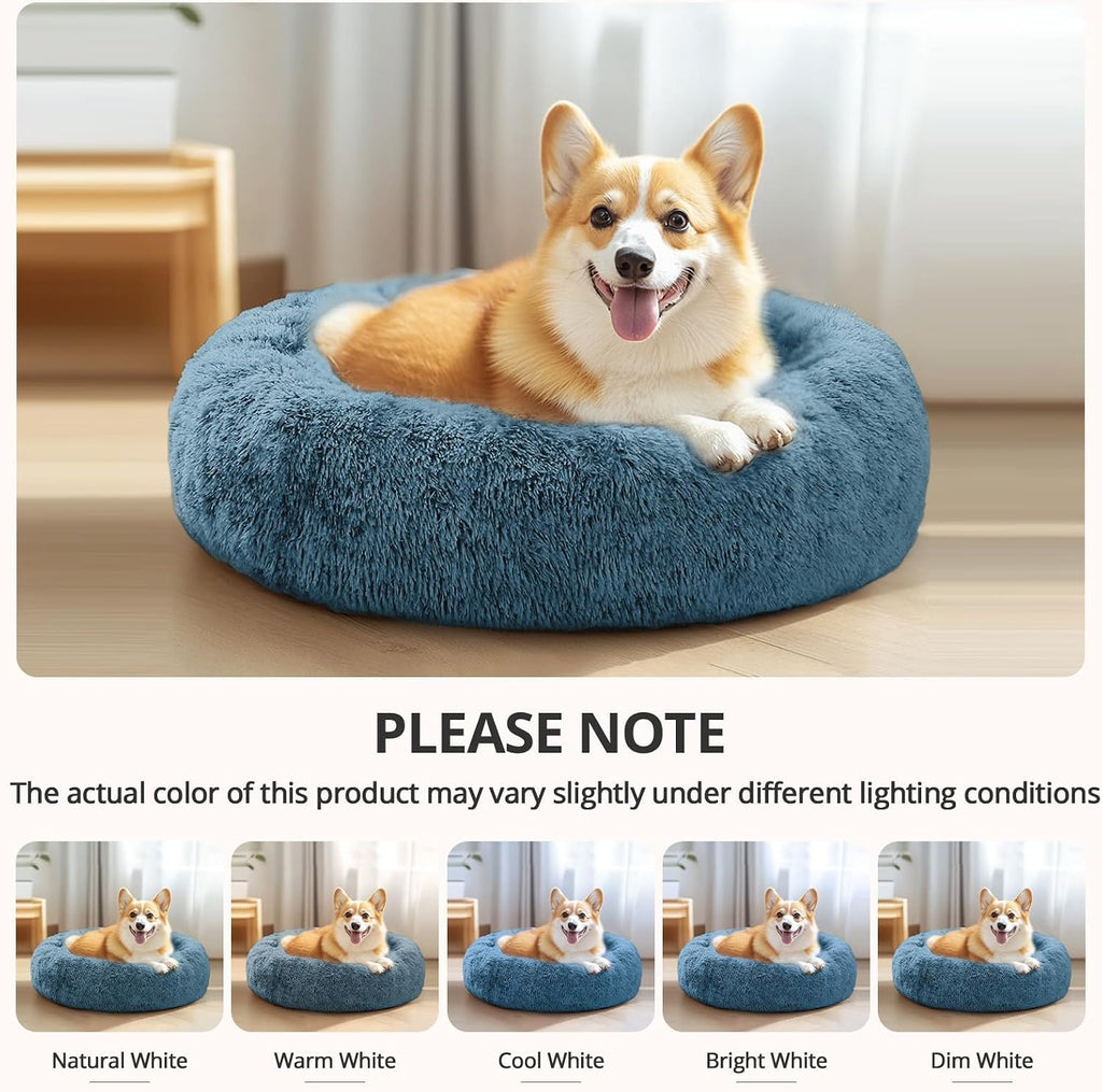 JOLLYVOGUE Calming Small Dog & Cat Bed for Indoor Cats - 20 inches Washable Donut Bed for Kittens & Puppies, Anti-Anxiety Round Fluffy Plush Pet Beds (Fits up to 15 lbs, Blue)