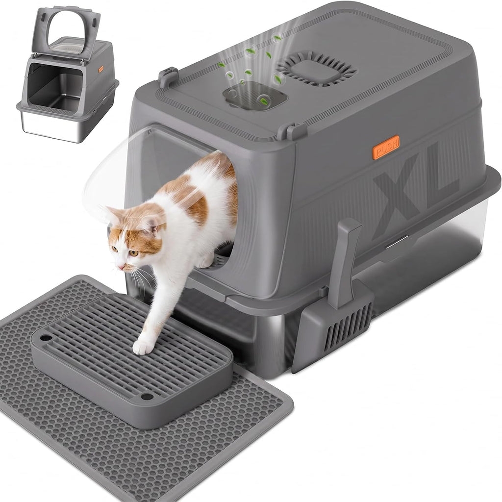 GTPLAYER XL Stainless Steel Cat Litter Box with Lid, High Sided Enclosed Cat Litter Box, Activated Carbon Odor Control, Extra Large Metal Litter Box, Anti-Leak, with Mat & Step, Gray