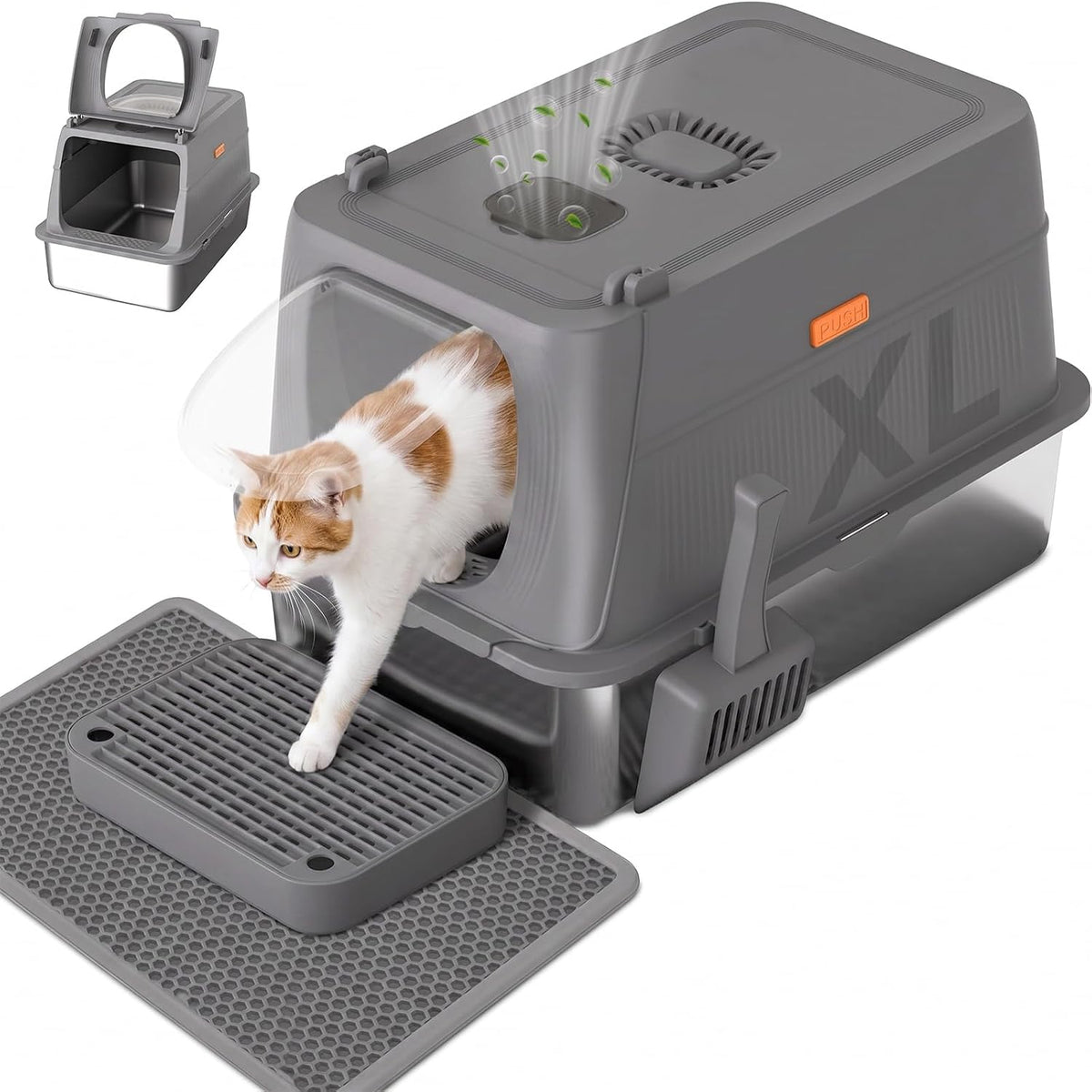 GTPLAYER XL Stainless Steel Cat Litter Box with Lid, High Sided Enclosed Cat Litter Box, Activated Carbon Odor Control, Extra Large Metal Litter Box, Anti-Leak, with Mat & Step, Gray