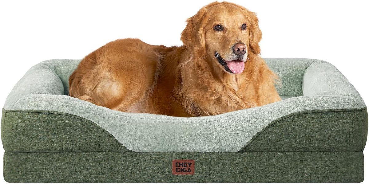 EHEYCIGA Orthopedic Dog Bed for Large Sized Dog, 45x35 Inch Large Memory Foam Dog Couch Bed with Sides, Waterproof Liner & Washable Removable Cover, Bolster Pet Sofa, Green